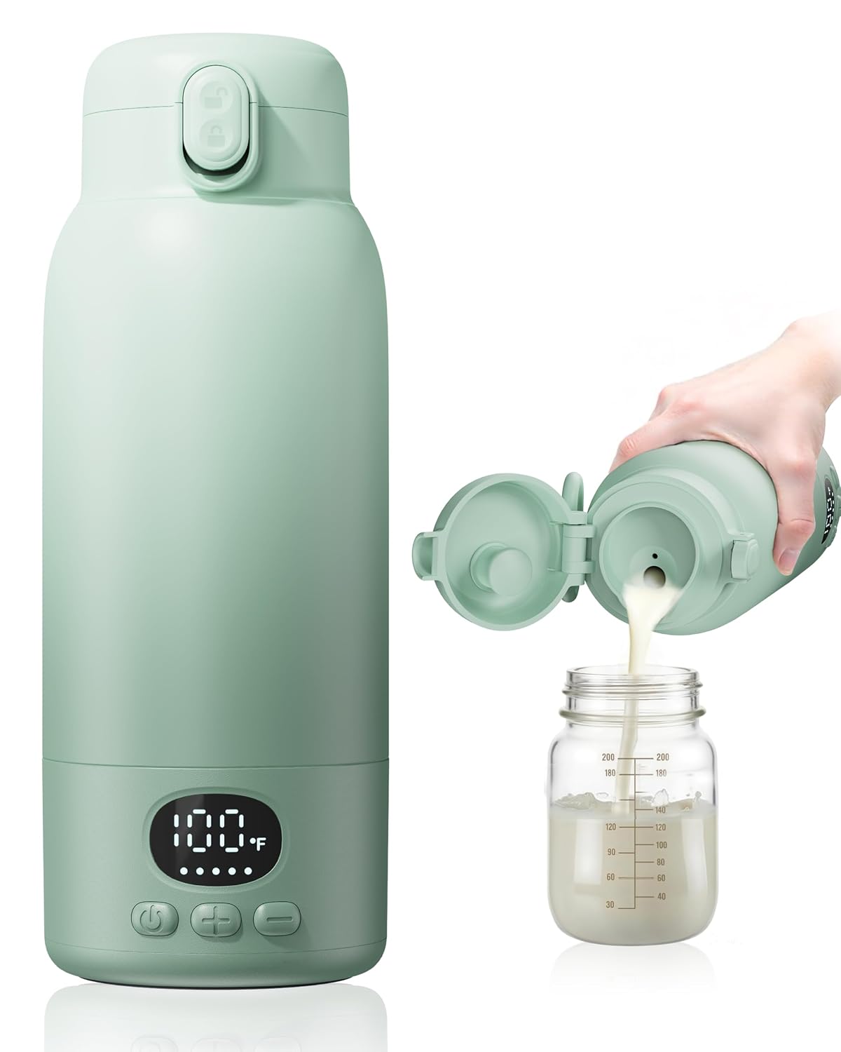 Portable Bottle Warmer for Travel, Fast Heating for Breast Milk & Water, 17 Ounces, Long-Lasting Battery, Ideal for Outdoor Use & Baby Shower, Light Green