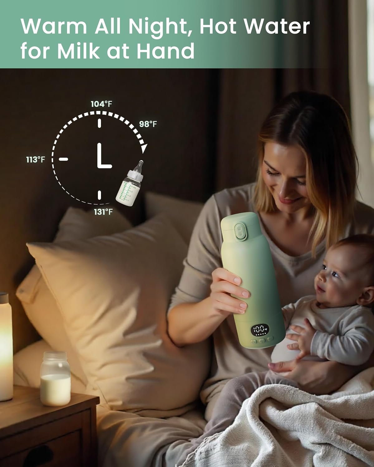 Portable Bottle Warmer for Travel, Fast Heating for Breast Milk & Water, 17 Ounces, Long-Lasting Battery, Ideal for Outdoor Use & Baby Shower, Light Green