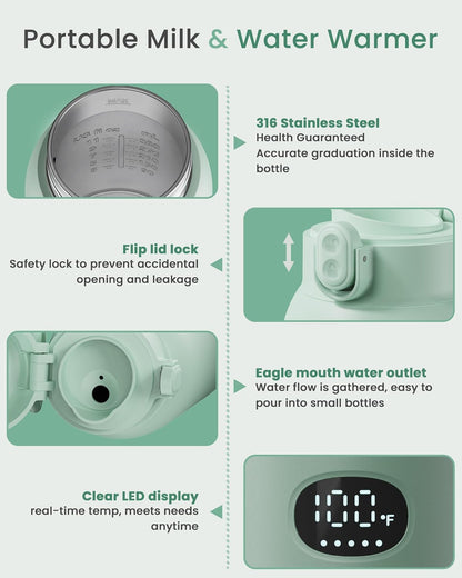 Portable Bottle Warmer for Travel, Fast Heating for Breast Milk & Water, 17 Ounces, Long-Lasting Battery, Ideal for Outdoor Use & Baby Shower, Light Green