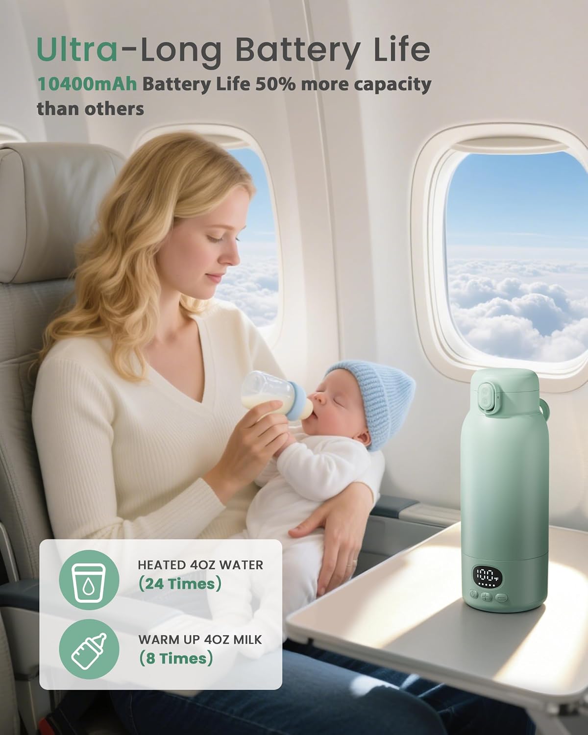 Portable Bottle Warmer for Travel, Fast Heating for Breast Milk & Water, 17 Ounces, Long-Lasting Battery, Ideal for Outdoor Use & Baby Shower, Light Green