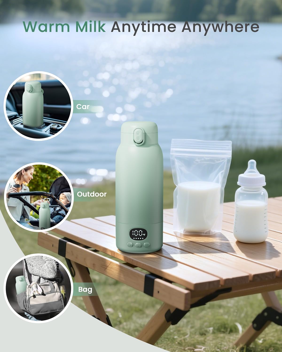 Portable Bottle Warmer for Travel, Fast Heating for Breast Milk & Water, 17 Ounces, Long-Lasting Battery, Ideal for Outdoor Use & Baby Shower, Light Green