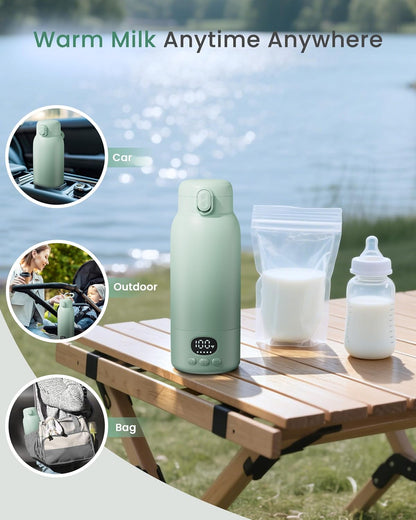 Portable Bottle Warmer for Travel, Fast Heating for Breast Milk & Water, 17 Ounces, Long-Lasting Battery, Ideal for Outdoor Use & Baby Shower, Light Green
