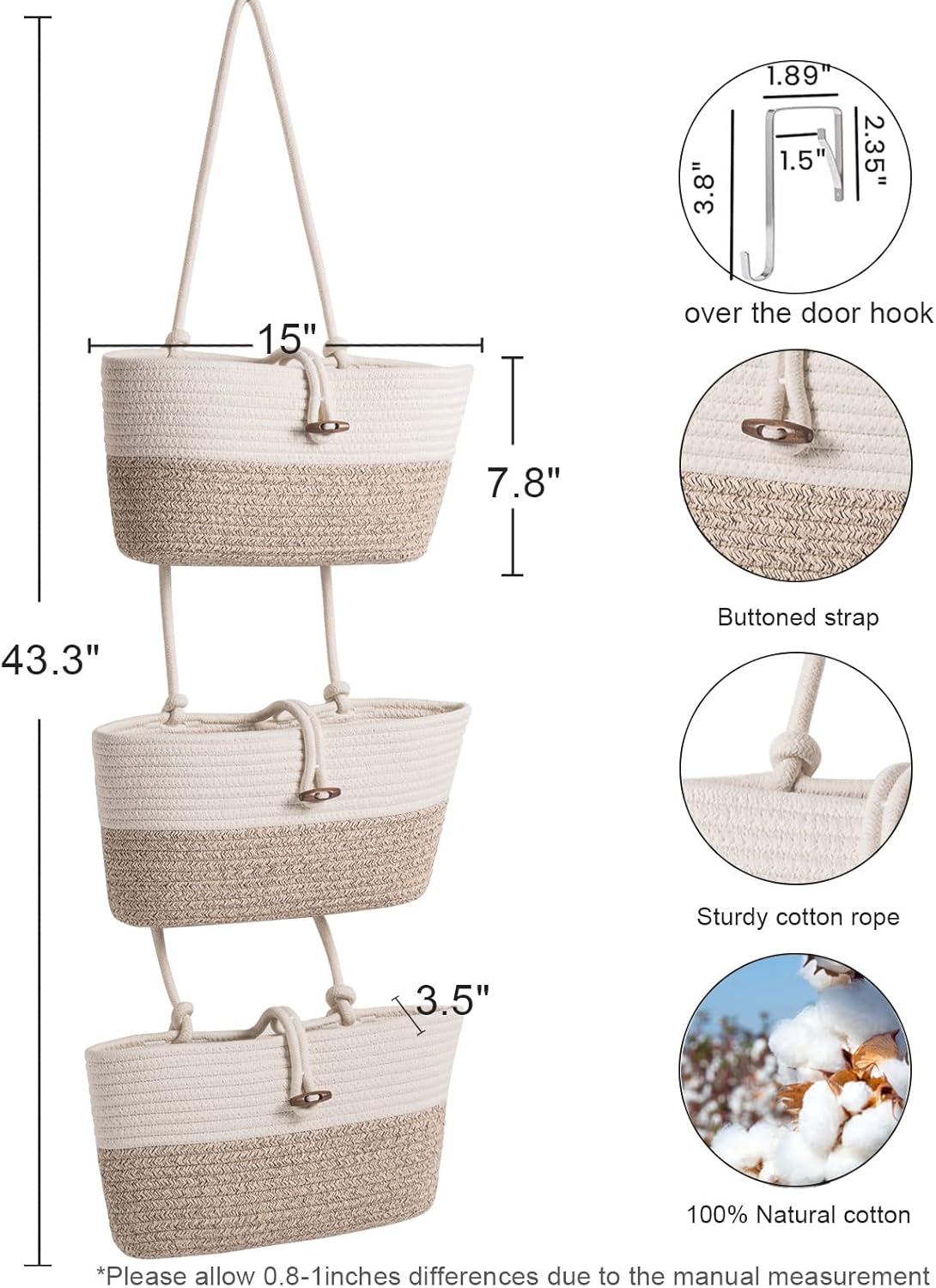 Over the Door Storage Basket Cotton Rope Organizer, Wall Hanging