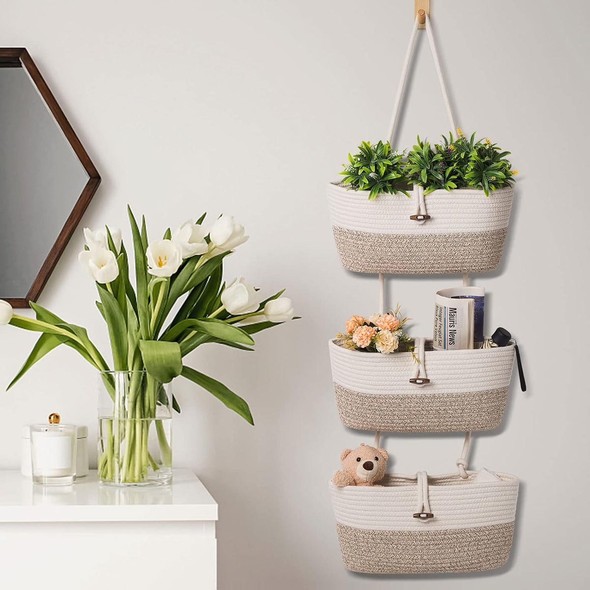 Over the Door Storage Basket Cotton Rope Organizer, Wall Hanging