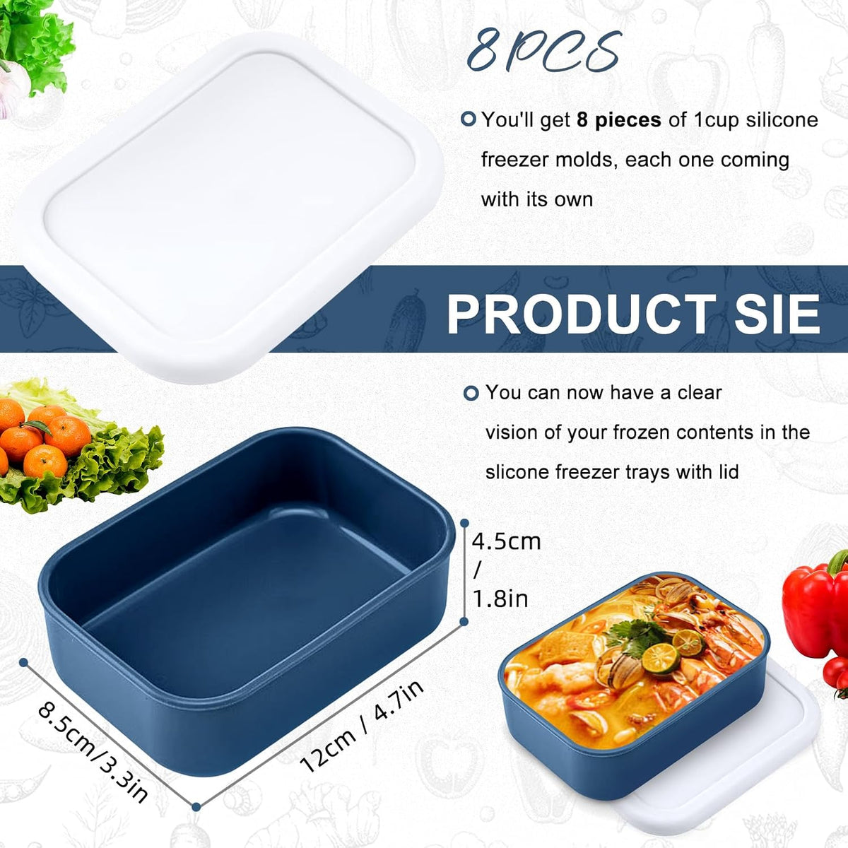 8 PCS 1 Cup Silicone Freezer Molds with Lid, Meal Prep Freezer Molds Silicone Freezer Containers Reusable Food Preserving Tray Freezing Ice Trays for Soups Sauces Stews,Grey ﻿ ﻿