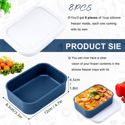 8 PCS 1 Cup Silicone Freezer Molds with Lid, Meal Prep Freezer Molds Silicone Freezer Containers Reusable Food Preserving Tray Freezing Ice Trays for Soups Sauces Stews,Grey ﻿ ﻿