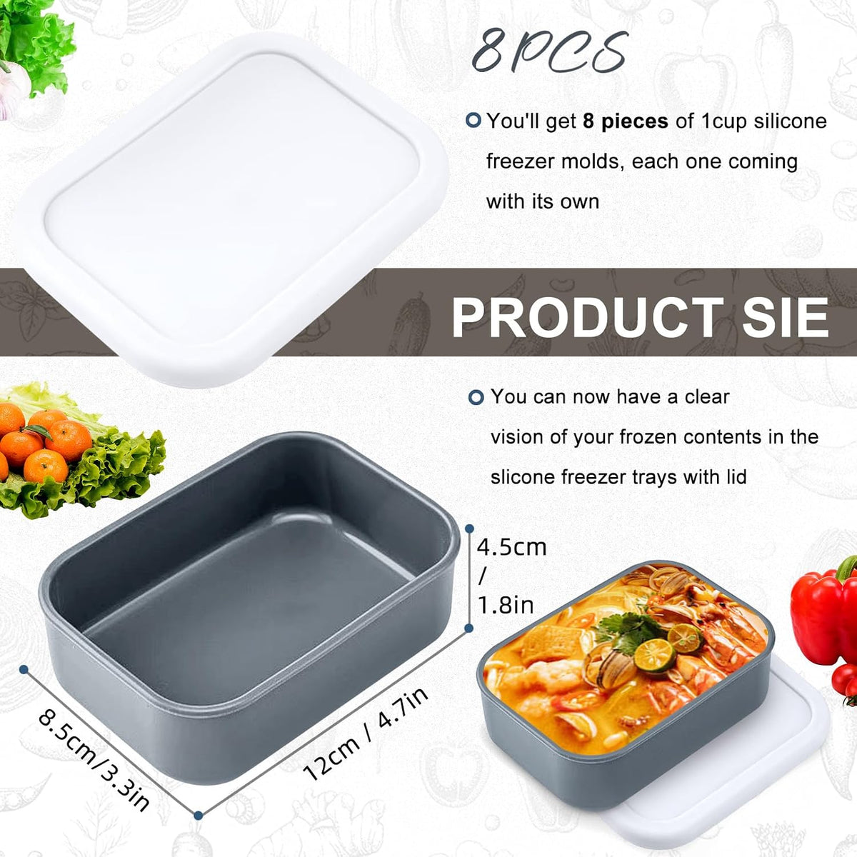 8 PCS 1 Cup Silicone Freezer Molds with Lid, Meal Prep Freezer Molds Silicone Freezer Containers Reusable Food Preserving Tray Freezing Ice Trays for Soups Sauces Stews,Grey ﻿ ﻿