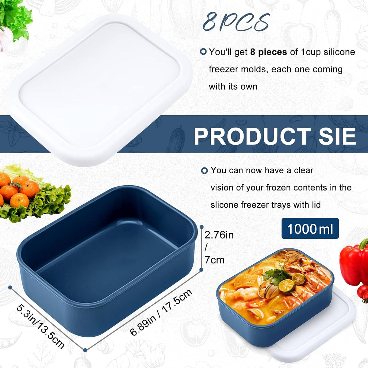 8 PCS 1 Cup Silicone Freezer Molds with Lid, Meal Prep Freezer Molds Silicone Freezer Containers Reusable Food Preserving Tray Freezing Ice Trays for Soups Sauces Stews,Grey ﻿ ﻿