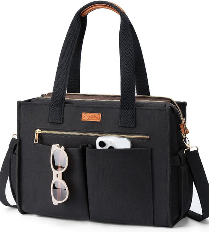 Canvas Tote Bag for Women, 15-Pockets Work Laptop Tote Purse Large Crossbody Nurse Teacher Bible Bag for School Travel Daily
