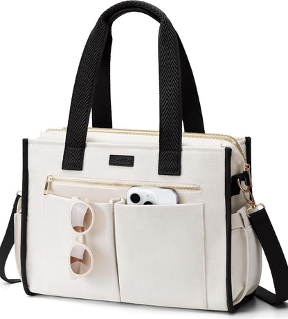 Canvas Tote Bag for Women, 15-Pockets Work Laptop Tote Purse Large Crossbody Nurse Teacher Bible Bag for School Travel Daily