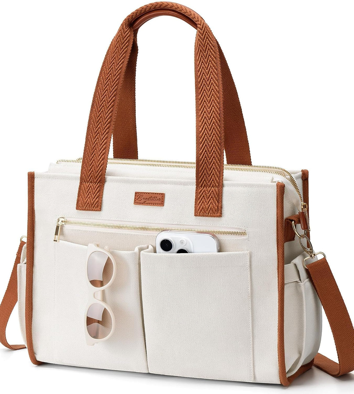 Canvas Tote Bag for Women, 15-Pockets Work Laptop Tote Purse Large Crossbody Nurse Teacher Bible Bag for School Travel Daily