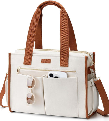 Canvas Tote Bag for Women, 15-Pockets Work Laptop Tote Purse Large Crossbody Nurse Teacher Bible Bag for School Travel Daily
