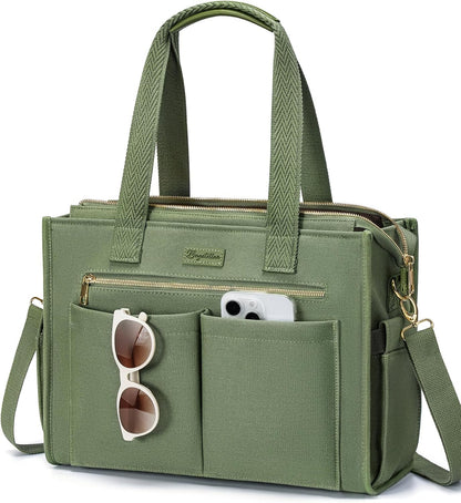 Canvas Tote Bag for Women, 15-Pockets Work Laptop Tote Purse Large Crossbody Nurse Teacher Bible Bag for School Travel Daily