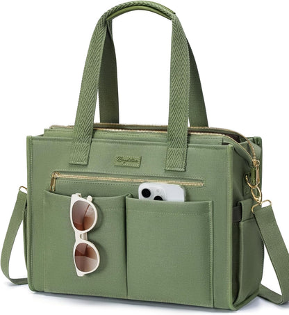 Canvas Tote Bag for Women, 15-Pockets Work Laptop Tote Purse Large Crossbody Nurse Teacher Bible Bag for School Travel Daily