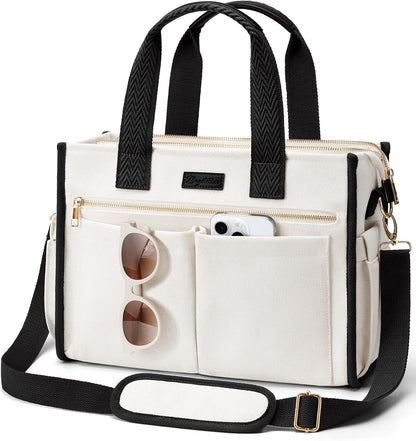 Canvas Tote Bag for Women, 15-Pockets Work Laptop Tote Purse Large Crossbody Nurse Teacher Bible Bag for School Travel Daily