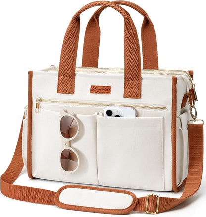Canvas Tote Bag for Women, 15-Pockets Work Laptop Tote Purse Large Crossbody Nurse Teacher Bible Bag for School Travel Daily