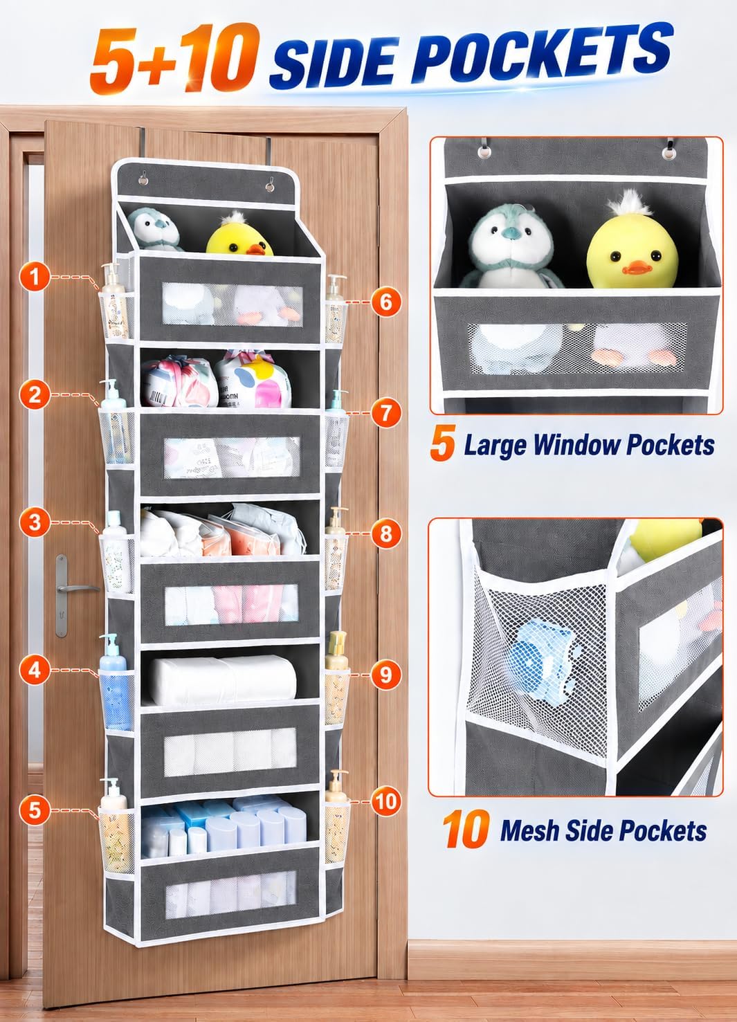 Over The Door Organizer Storage,10 side Pockets, 5 Shelf Hanging Storage