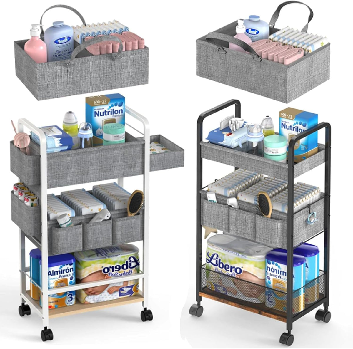 2In1 Baby Diaper Caddy & Rolling Diaper Cart, Diaper Caddy Organizer Cart with Dividers, Mobile Metal Utility Cart for Nursery Essentials, Detachable Bedside Cart, Large Capacity