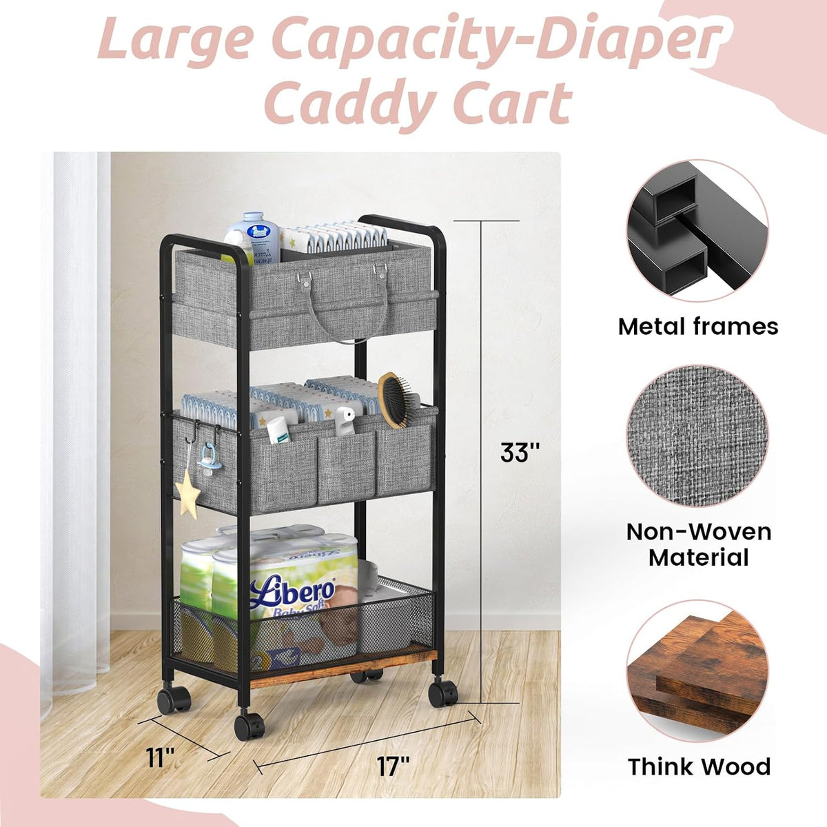 2In1 Baby Diaper Caddy & Rolling Diaper Cart, Diaper Caddy Organizer Cart with Dividers, Mobile Metal Utility Cart for Nursery Essentials, Detachable Bedside Cart, Large Capacity