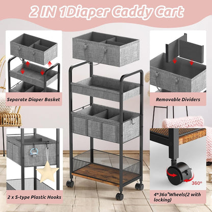 2In1 Baby Diaper Caddy & Rolling Diaper Cart, Diaper Caddy Organizer Cart with Dividers, Mobile Metal Utility Cart for Nursery Essentials, Detachable Bedside Cart, Large Capacity