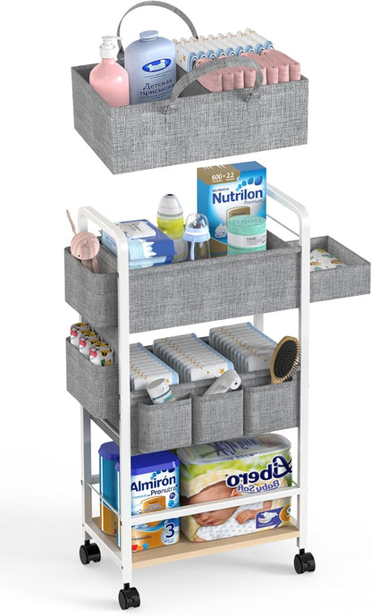 2In1 Baby Diaper Caddy & Rolling Diaper Cart, Diaper Caddy Organizer Cart with Dividers, Mobile Metal Utility Cart for Nursery Essentials, Detachable Bedside Cart, Large Capacity
