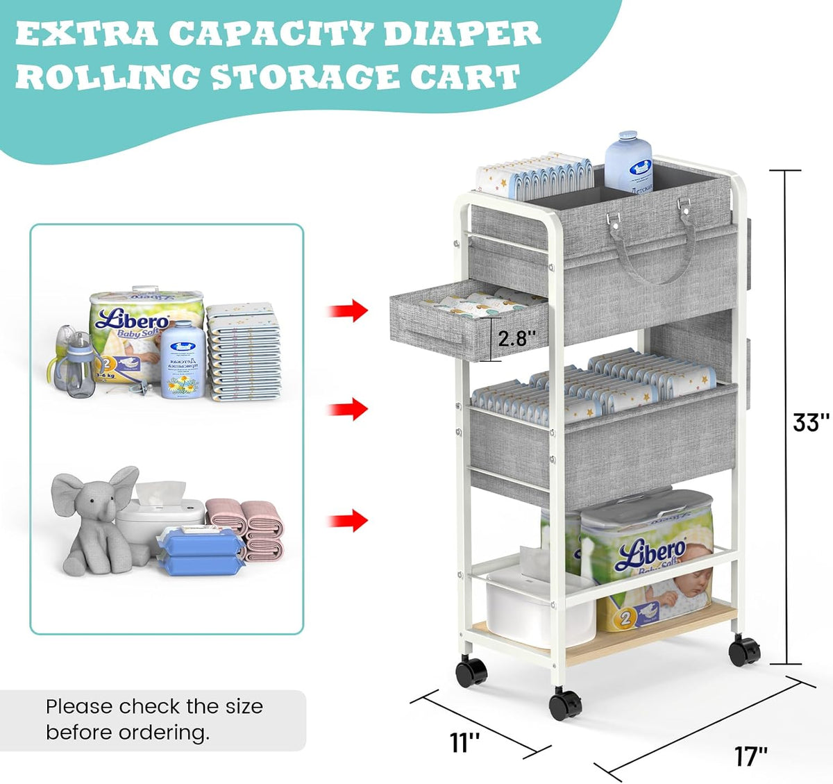 2In1 Baby Diaper Caddy & Rolling Diaper Cart, Diaper Caddy Organizer Cart with Dividers, Mobile Metal Utility Cart for Nursery Essentials, Detachable Bedside Cart, Large Capacity