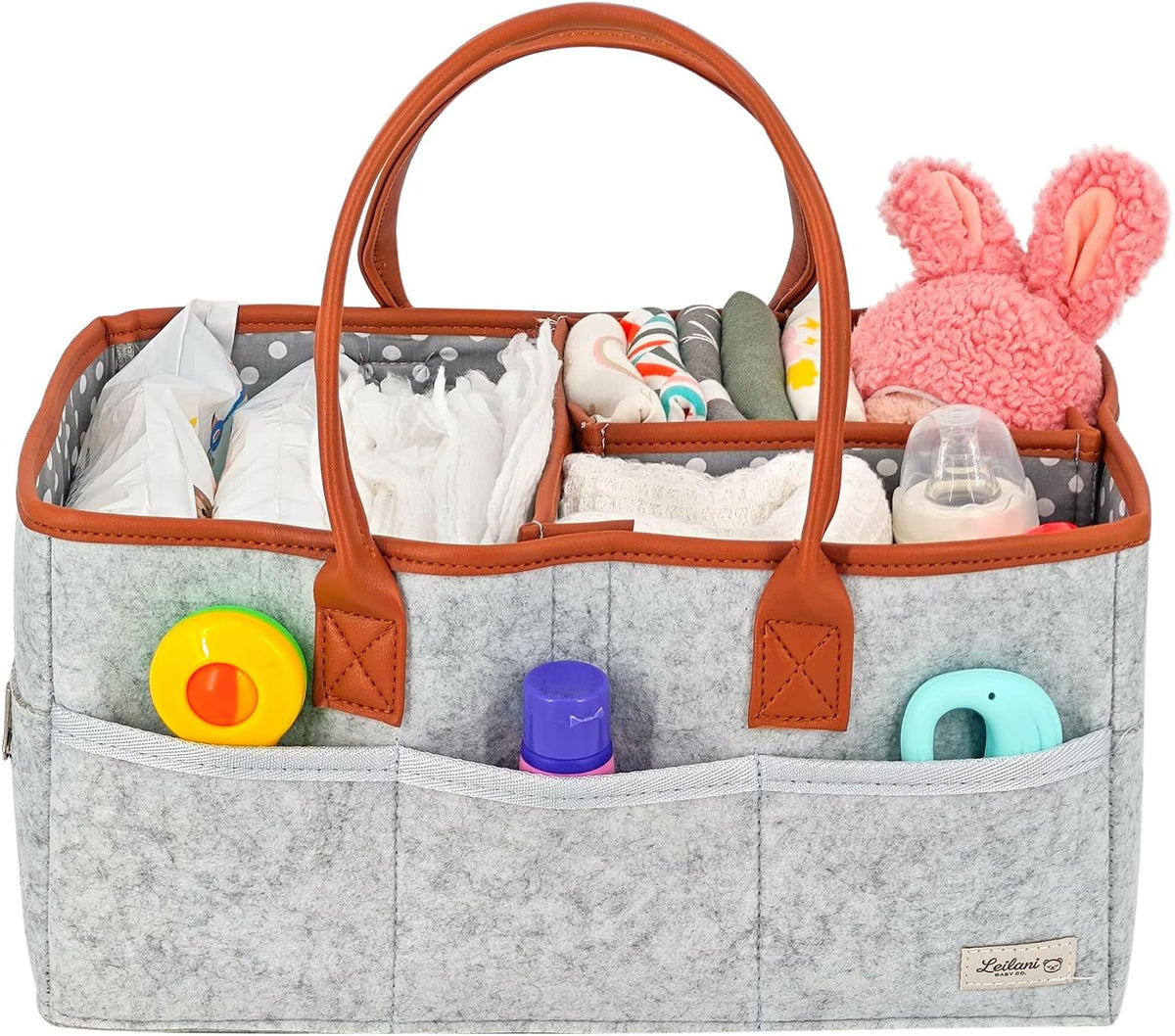Diaper Caddy Organizer, Gray Felt, 9 Compartments, Portable Nursery Storage Basket with Removable Dividers and Leather Handles