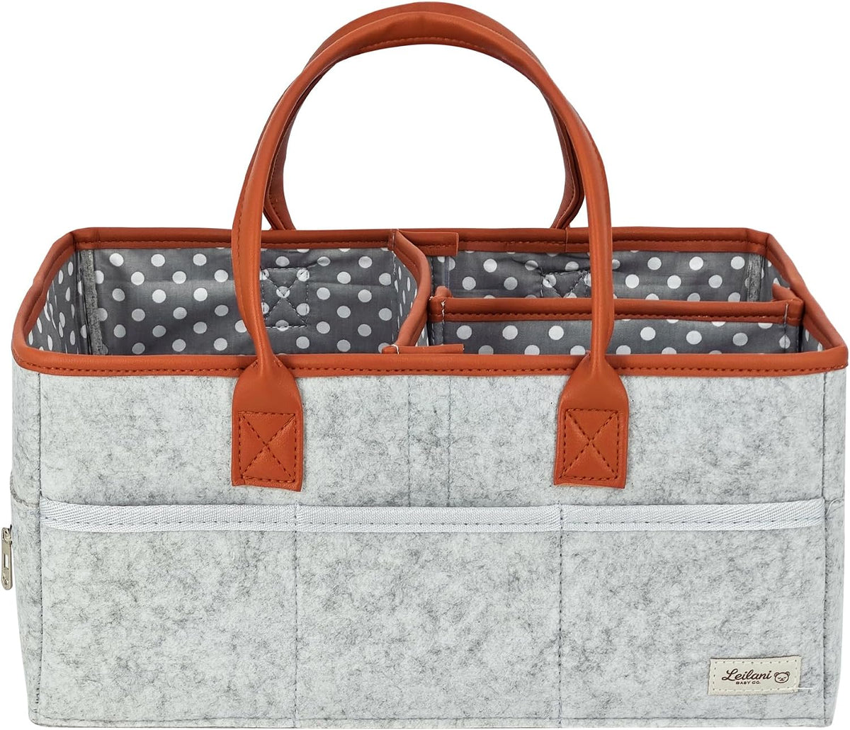 Diaper Caddy Organizer, Gray Felt, 9 Compartments, Portable Nursery Storage Basket with Removable Dividers and Leather Handles