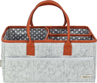Diaper Caddy Organizer, Gray Felt, 9 Compartments, Portable Nursery Storage Basket with Removable Dividers and Leather Handles