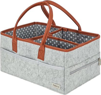 Diaper Caddy Organizer, Gray Felt, 9 Compartments, Portable Nursery Storage Basket with Removable Dividers and Leather Handles