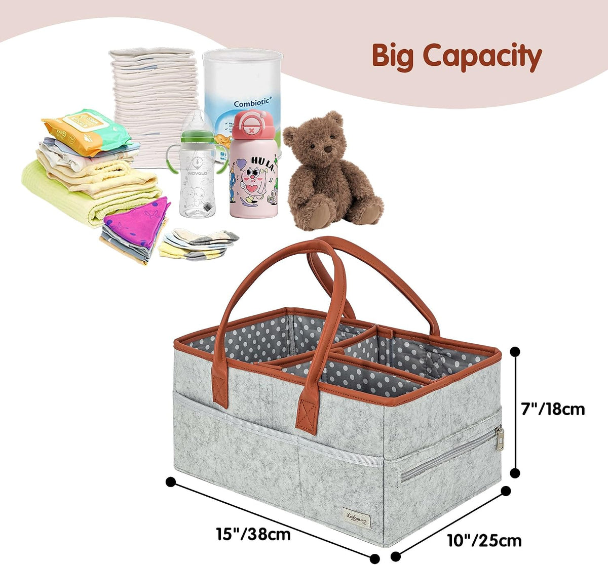 Diaper Caddy Organizer, Gray Felt, 9 Compartments, Portable Nursery Storage Basket with Removable Dividers and Leather Handles