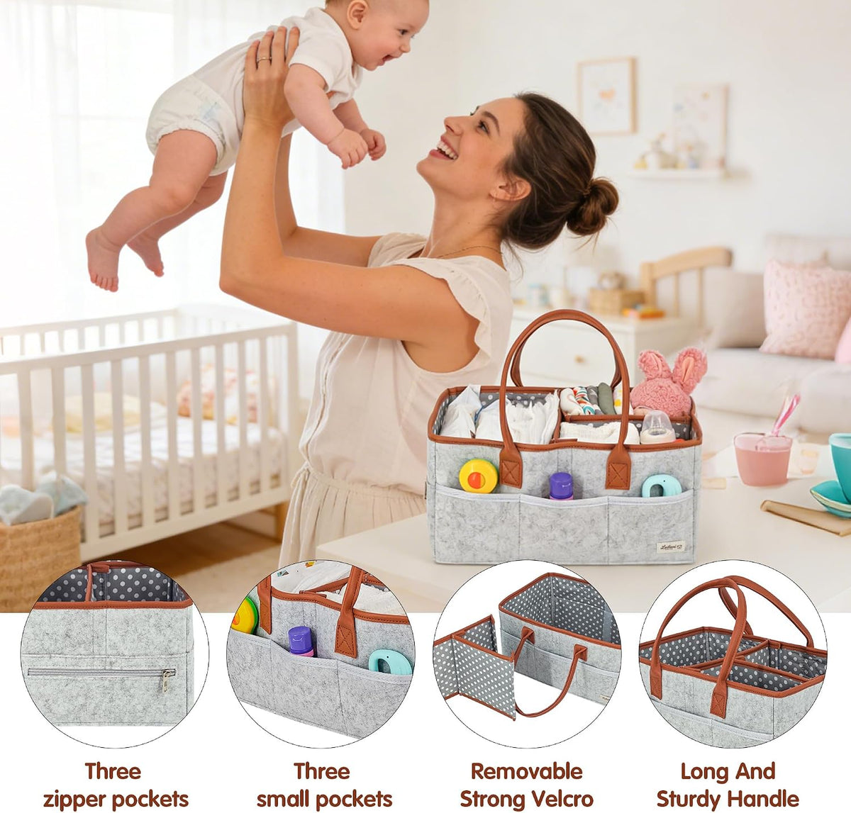 Diaper Caddy Organizer, Gray Felt, 9 Compartments, Portable Nursery Storage Basket with Removable Dividers and Leather Handles