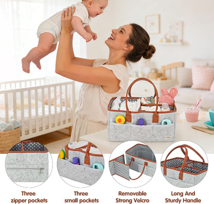 Diaper Caddy Organizer, Gray Felt, 9 Compartments, Portable Nursery Storage Basket with Removable Dividers and Leather Handles