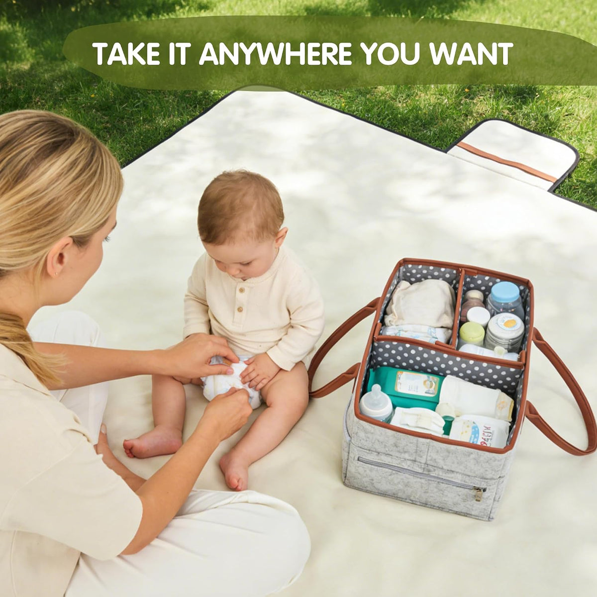 Diaper Caddy Organizer, Gray Felt, 9 Compartments, Portable Nursery Storage Basket with Removable Dividers and Leather Handles