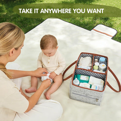 Diaper Caddy Organizer, Gray Felt, 9 Compartments, Portable Nursery Storage Basket with Removable Dividers and Leather Handles