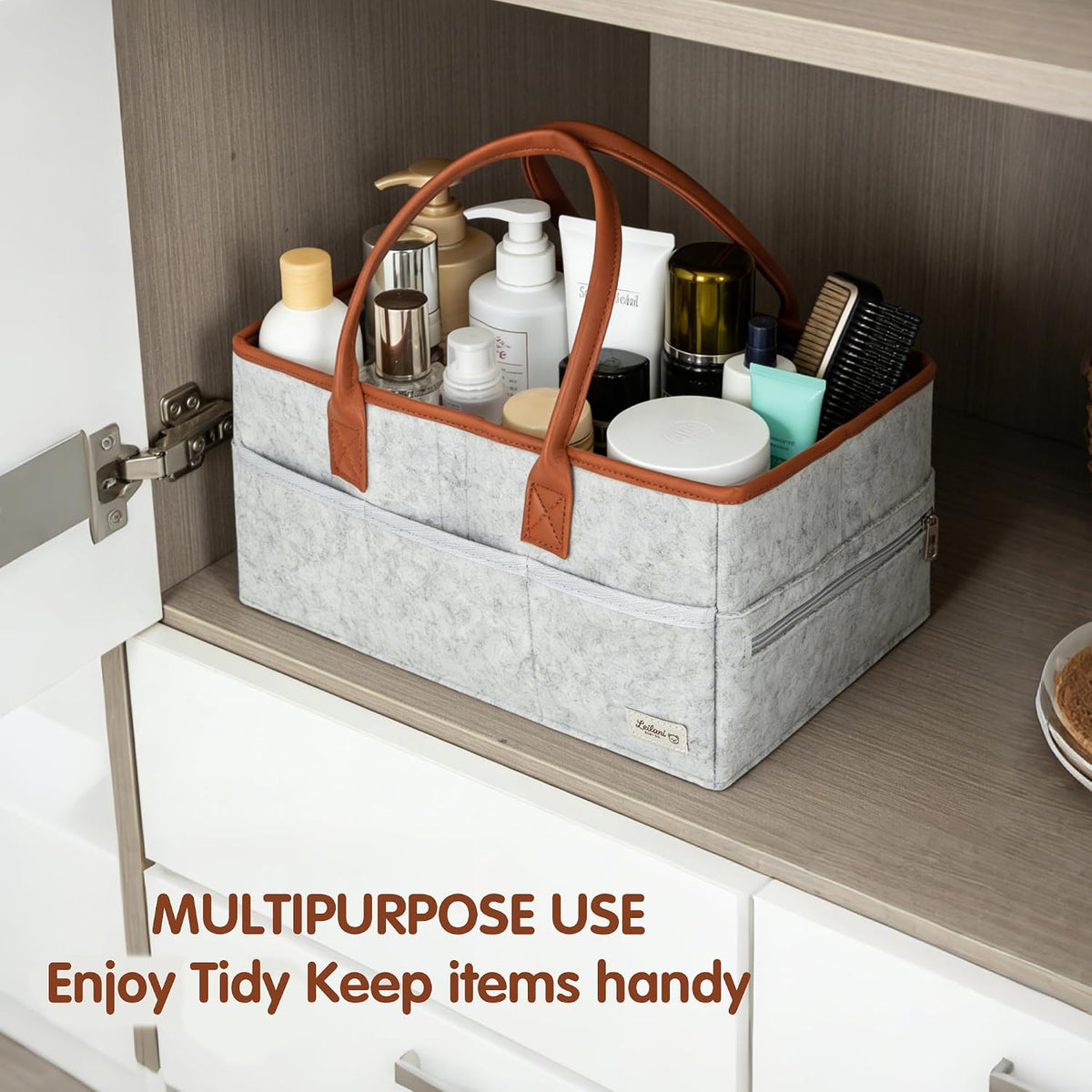 Diaper Caddy Organizer, Gray Felt, 9 Compartments, Portable Nursery Storage Basket with Removable Dividers and Leather Handles