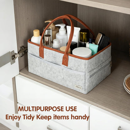 Diaper Caddy Organizer, Gray Felt, 9 Compartments, Portable Nursery Storage Basket with Removable Dividers and Leather Handles