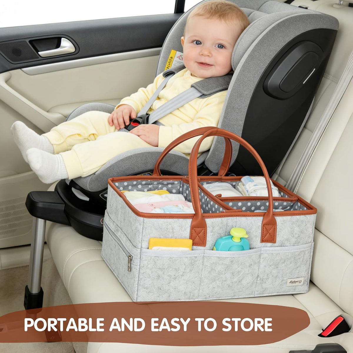 Diaper Caddy Organizer, Gray Felt, 9 Compartments, Portable Nursery Storage Basket with Removable Dividers and Leather Handles