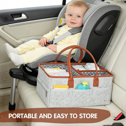 Diaper Caddy Organizer, Gray Felt, 9 Compartments, Portable Nursery Storage Basket with Removable Dividers and Leather Handles