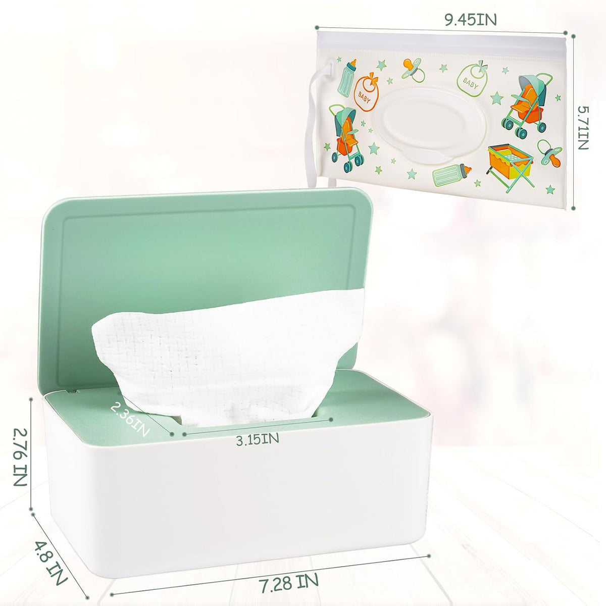 Diaper Wipes Dispenser with 2 Travel Wipes Pouches, Green