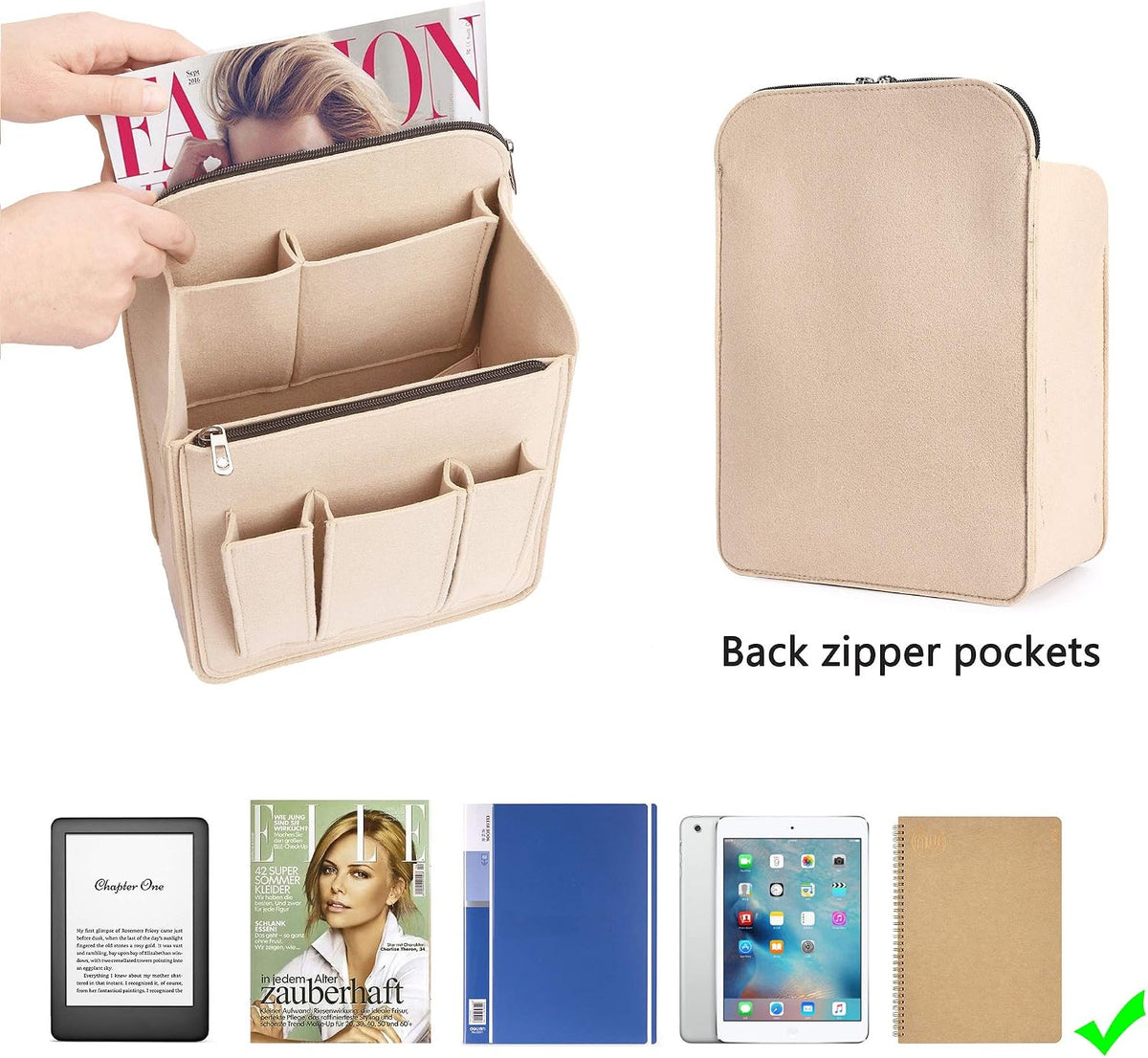Felt Backpack Organizer Insert for Women and Men, Large Travel Rucksack Insert with High Capacity, Lightweight Bag Organizer with Zipper Pockets