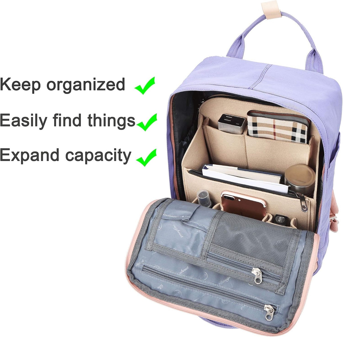 Felt Backpack Organizer Insert for Women and Men, Large Travel Rucksack Insert with High Capacity, Lightweight Bag Organizer with Zipper Pockets