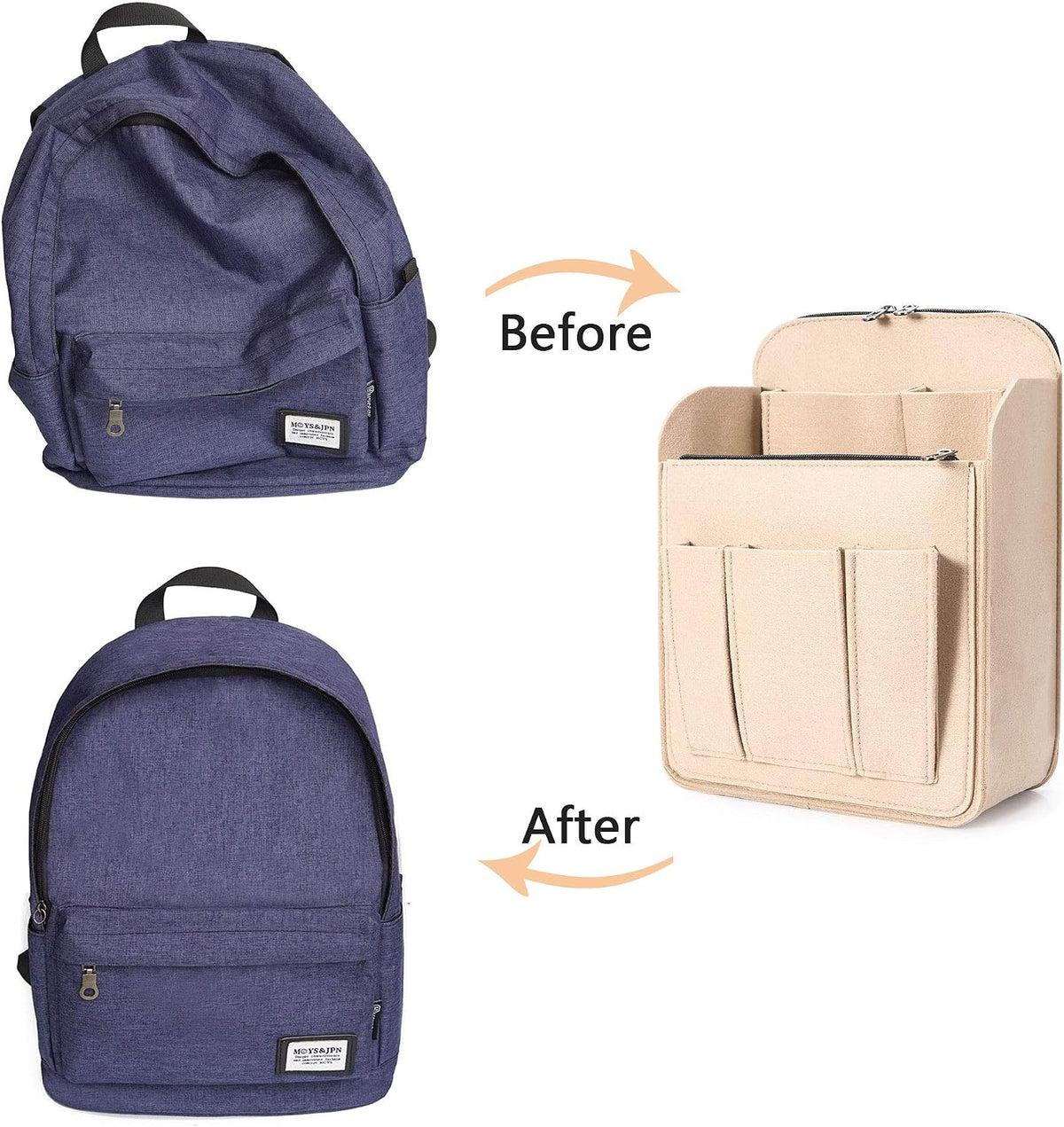 Felt Backpack Organizer Insert for Women and Men, Large Travel Rucksack Insert with High Capacity, Lightweight Bag Organizer with Zipper Pockets