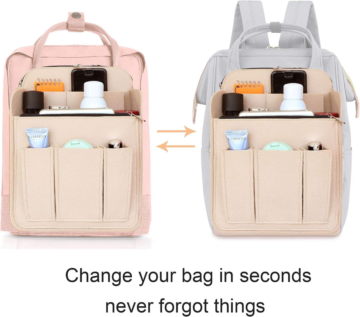 Felt Backpack Organizer Insert for Women and Men, Large Travel Rucksack Insert with High Capacity, Lightweight Bag Organizer with Zipper Pockets