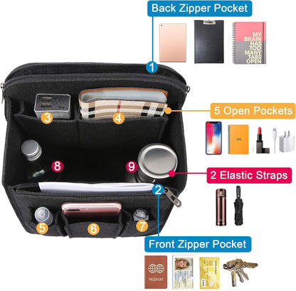 Felt Backpack Organizer Insert for Women and Men, Large Travel Rucksack Insert with High Capacity, Lightweight Bag Organizer with Zipper Pockets