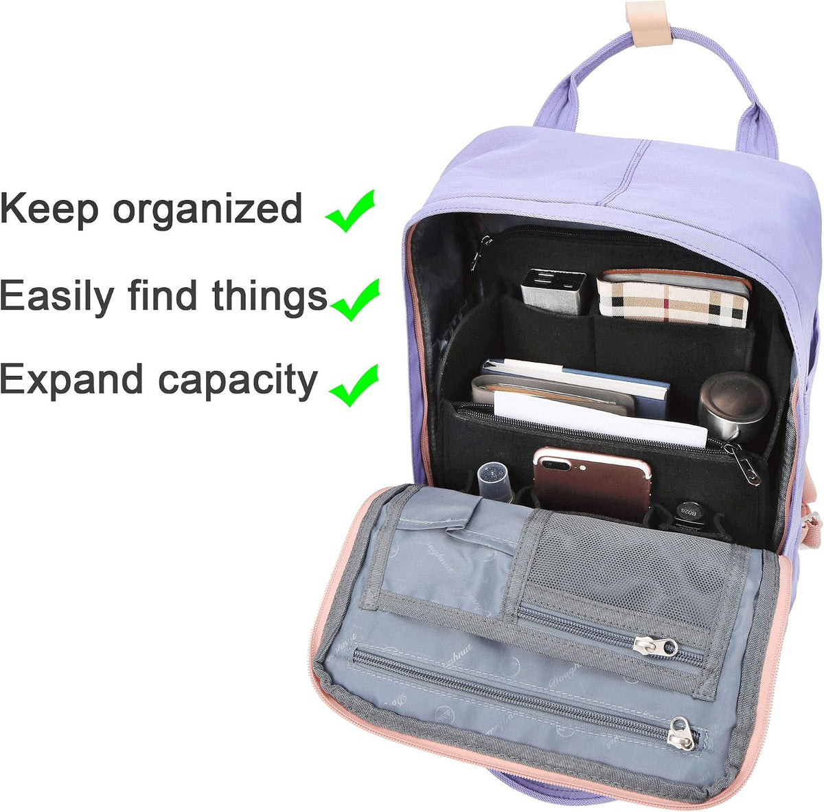Felt Backpack Organizer Insert for Women and Men, Large Travel Rucksack Insert with High Capacity, Lightweight Bag Organizer with Zipper Pockets
