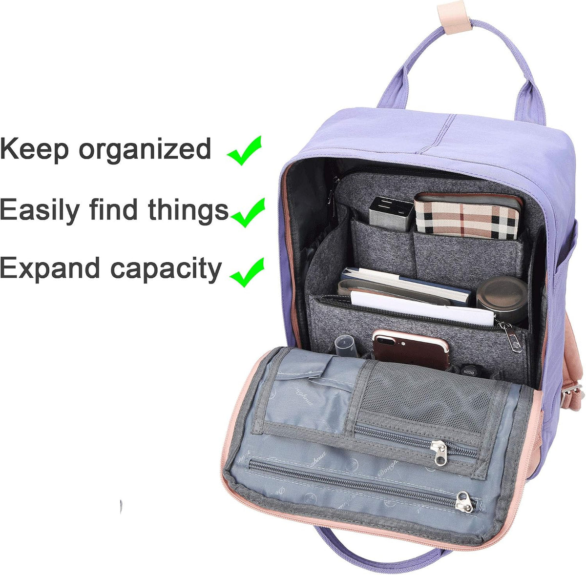 Felt Backpack Organizer Insert for Women and Men, Large Travel Rucksack Insert with High Capacity, Lightweight Bag Organizer with Zipper Pockets