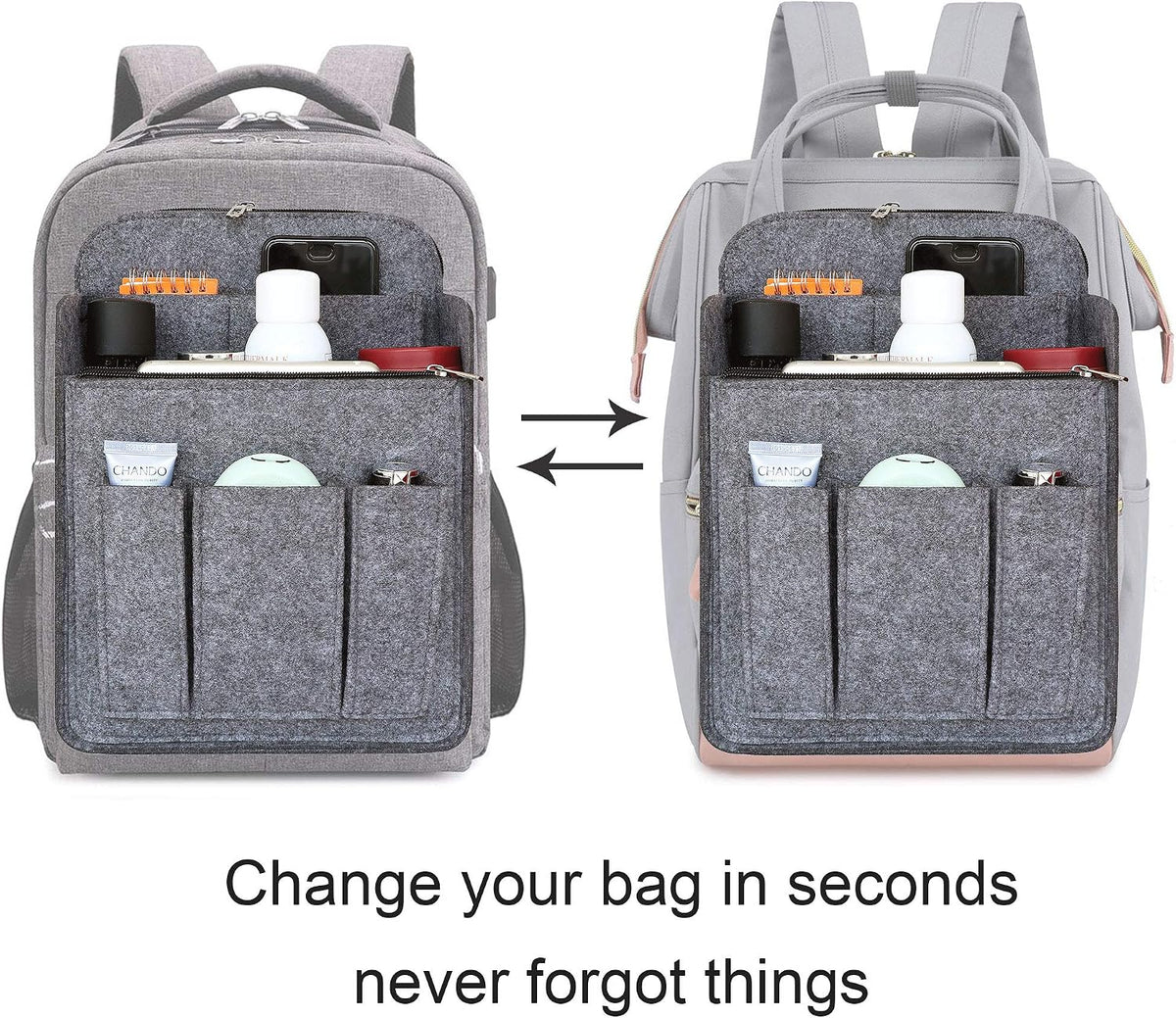 Felt Backpack Organizer Insert for Women and Men, Large Travel Rucksack Insert with High Capacity, Lightweight Bag Organizer with Zipper Pockets