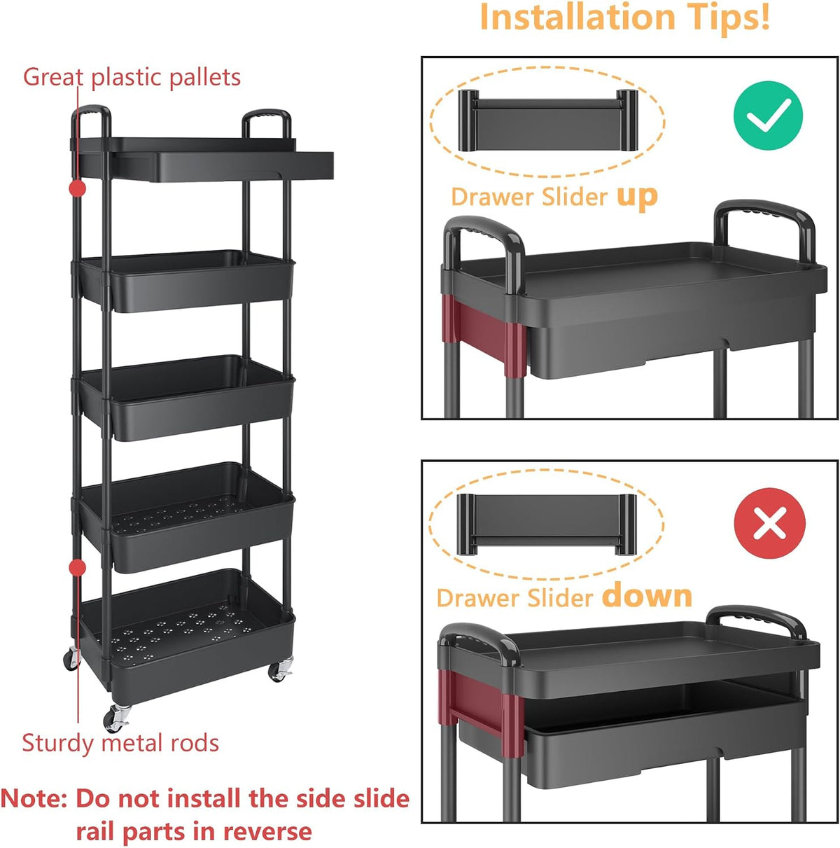5-Tier Utility Cart with Drawer & Wheels, Storage for Home,Office