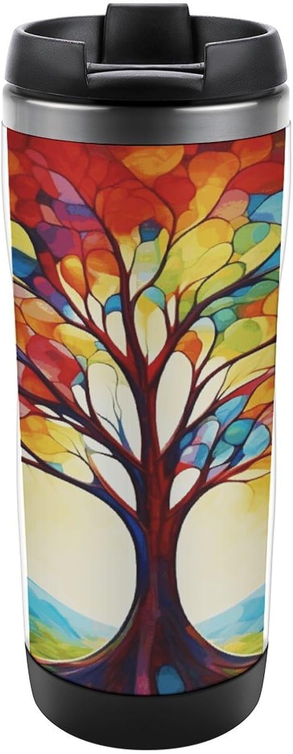 13oz Insulated Travel Coffee Mug Reusable Coffee Cup Water Bottle | Colorful Tree of Life Travel Mug with Leak Proof Lid Double Wall Stainless Steel Coffee Tumbler Personalized Gift